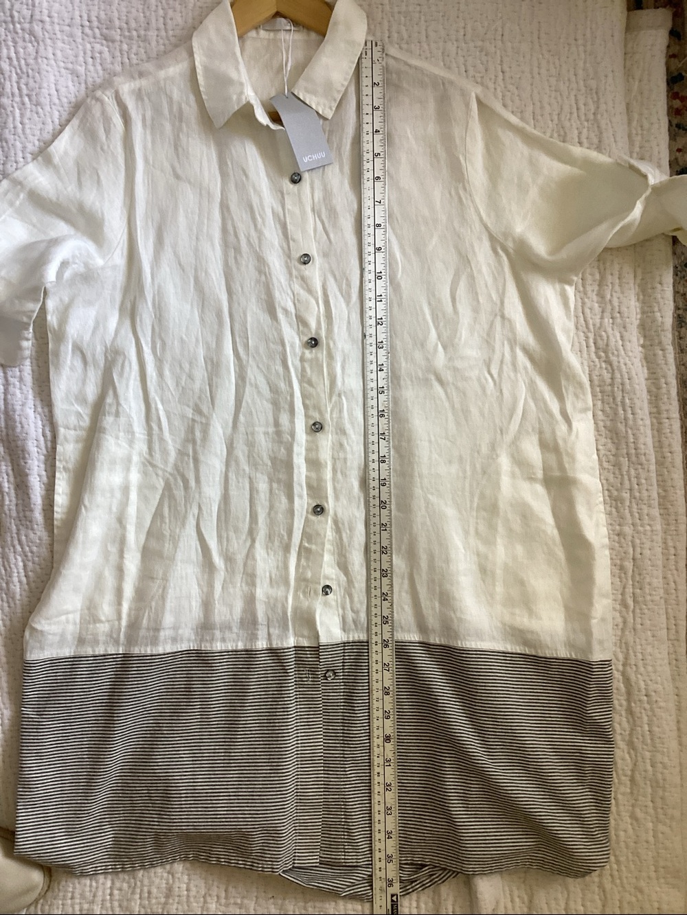 UCHUU LINEN LONG SHIRT OR SHORTDRESS OFF WHITE/ grey striped - Picture 5 of 5